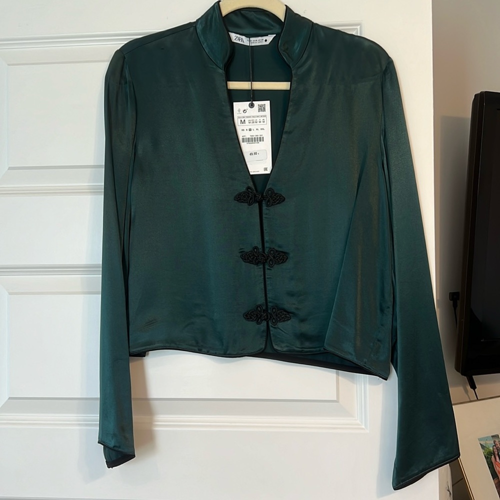 Green ZARA Long Sleeve Silky Blouse